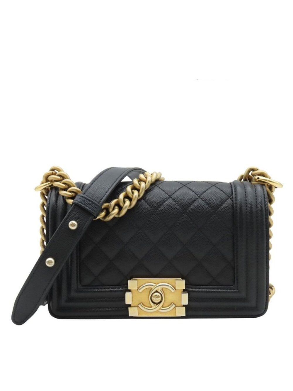 Chanel Boy Black Caviar Leather Small 20 Chain Shoulder Bag Quilted CC Logo Gold